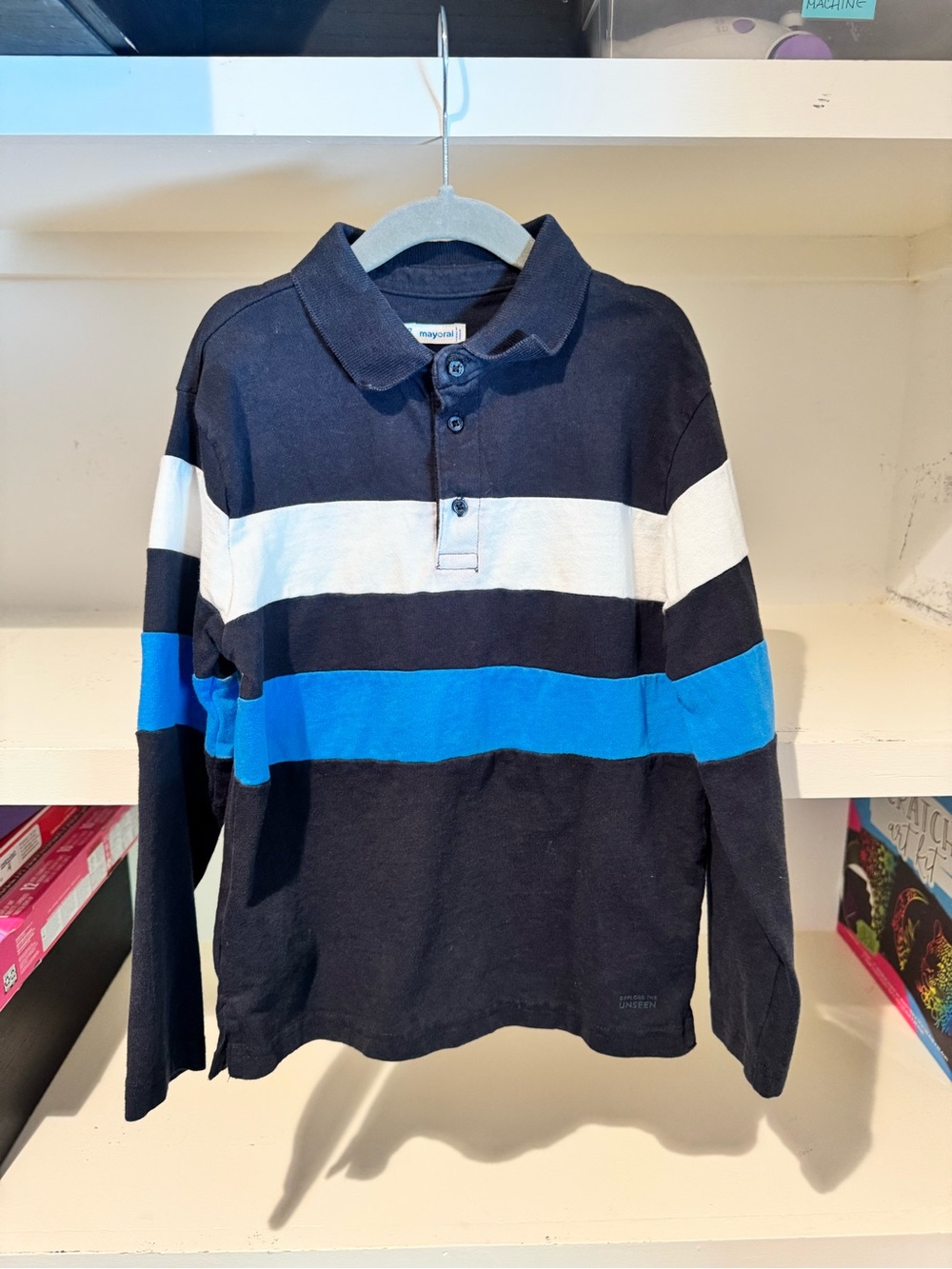 Mayoral Kids'/Boys’ Long-Sleeve Striped Polo in Navy Blue – Size 7